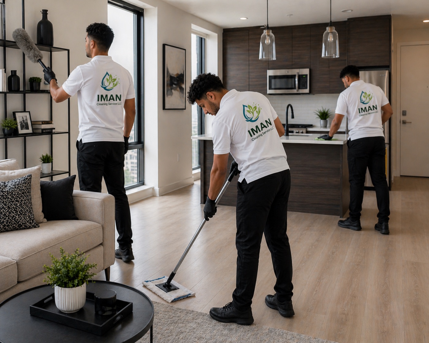 Iman Cleaning Service LLC cleaners working in a bright residential space